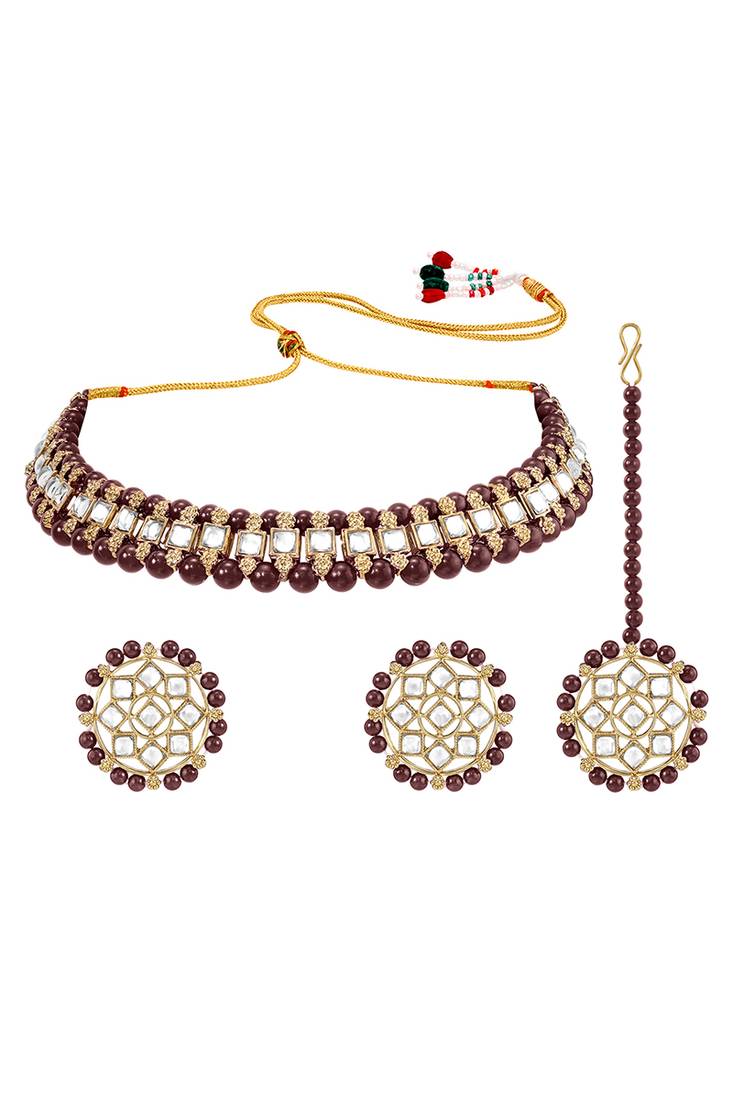 Gold plated kundan & maroon beads studded choker necklace earrings & maangtikka set ethnic jewellery for women