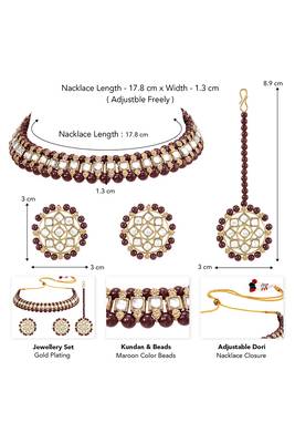 Gold plated kundan & maroon beads studded choker necklace earrings & maangtikka set ethnic jewellery for women 4