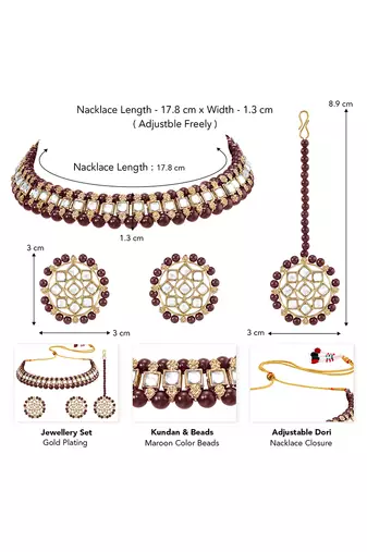 Gold plated kundan & maroon beads studded choker necklace earrings & maangtikka set ethnic jewellery for women