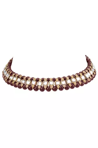 Gold plated kundan & maroon beads studded choker necklace earrings & maangtikka set ethnic jewellery for women