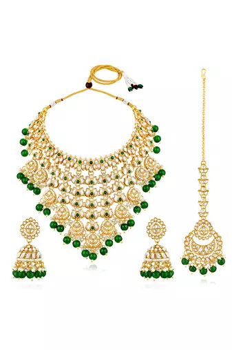 Gold plated kundan & green beads studded necklace jhumki earrings maangtikka ethnic jewellery set gift for women