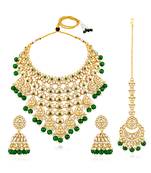 Gold plated kundan & green beads studded necklace jhumki earrings maangtikka ethnic jewellery set gift for women