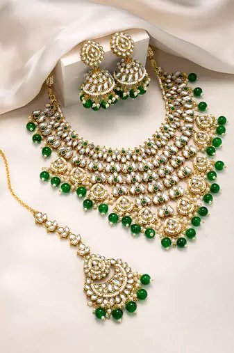 Gold plated kundan & green beads studded necklace jhumki earrings maangtikka ethnic jewellery set gift for women
