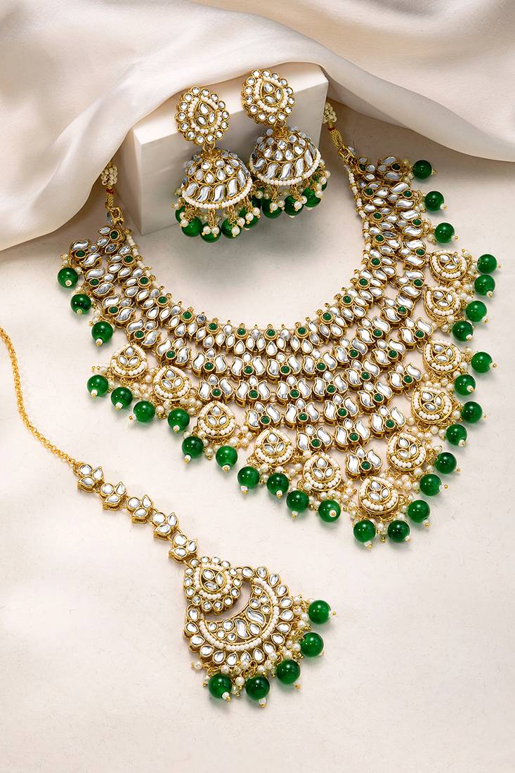 Gold plated kundan & green beads studded necklace jhumki earrings maangtikka ethnic jewellery set gift for women