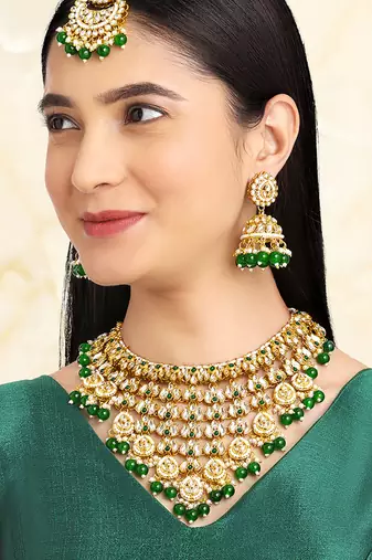 Gold plated kundan & green beads studded necklace jhumki earrings maangtikka ethnic jewellery set gift for women