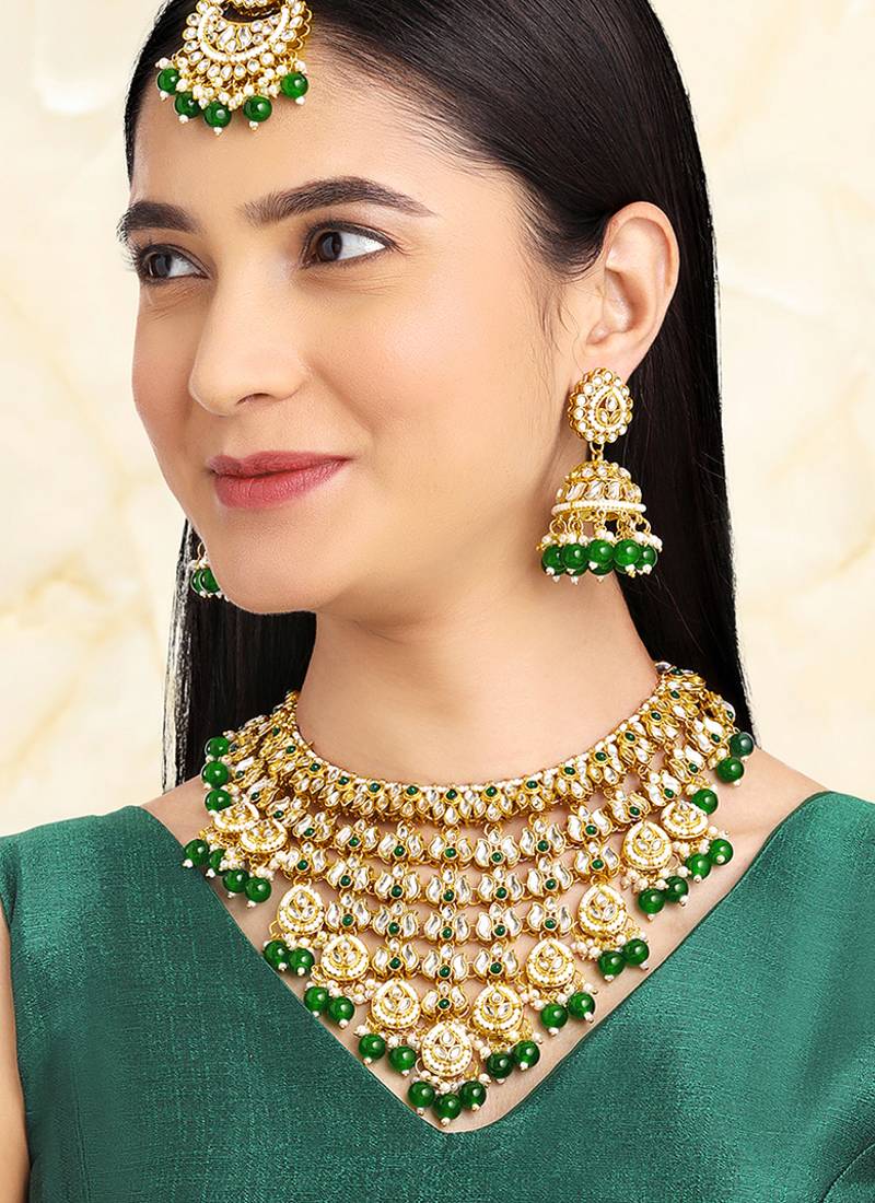 Gold plated kundan & green beads studded necklace jhumki earrings maangtikka ethnic jewellery set gift for women