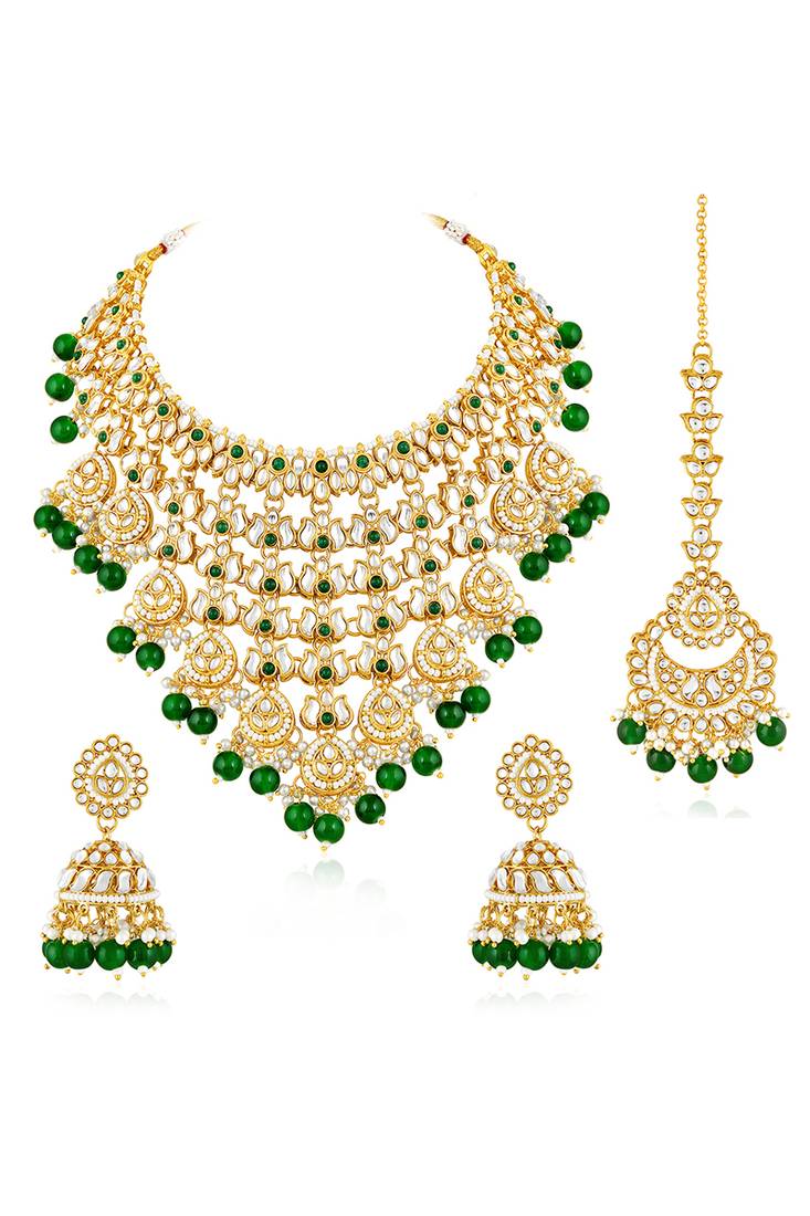 Gold plated kundan & green beads studded necklace jhumki earrings maangtikka ethnic jewellery set gift for women