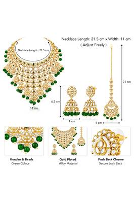 Gold plated kundan & green beads studded necklace jhumki earrings maangtikka ethnic jewellery set gift for women 5