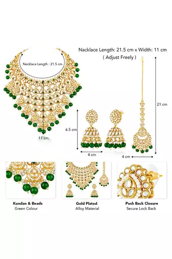 Gold plated kundan & green beads studded necklace jhumki earrings maangtikka ethnic jewellery set gift for women