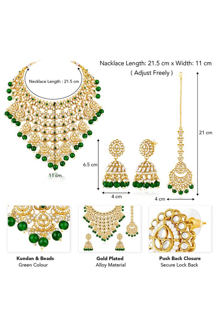 Gold plated kundan & green beads studded necklace jhumki earrings maangtikka ethnic jewellery set gift for women