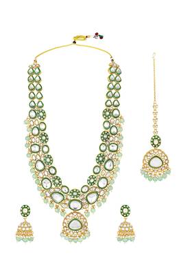 Gold plated mint kundan & beads studded necklace earrings maangtikka set ethnic jewellery for women & girls 1