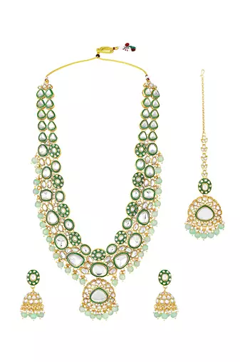 Gold plated mint kundan & beads studded necklace earrings maangtikka set ethnic jewellery for women & girls