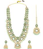 Gold plated mint kundan & beads studded necklace earrings maangtikka set ethnic jewellery for women & girls