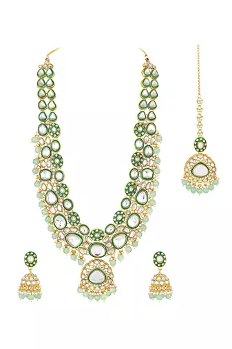 Gold plated mint kundan & beads studded necklace earrings maangtikka set ethnic jewellery for women & girls