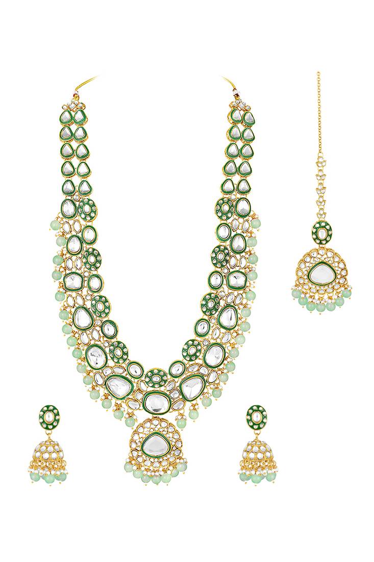 Gold plated mint kundan & beads studded necklace earrings maangtikka set ethnic jewellery for women & girls
