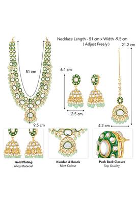 Gold plated mint kundan & beads studded necklace earrings maangtikka set ethnic jewellery for women & girls 3