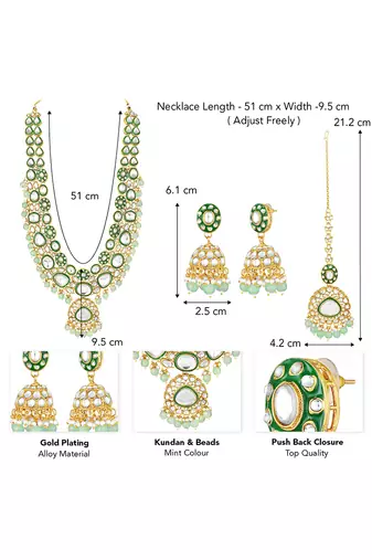 Gold plated mint kundan & beads studded necklace earrings maangtikka set ethnic jewellery for women & girls