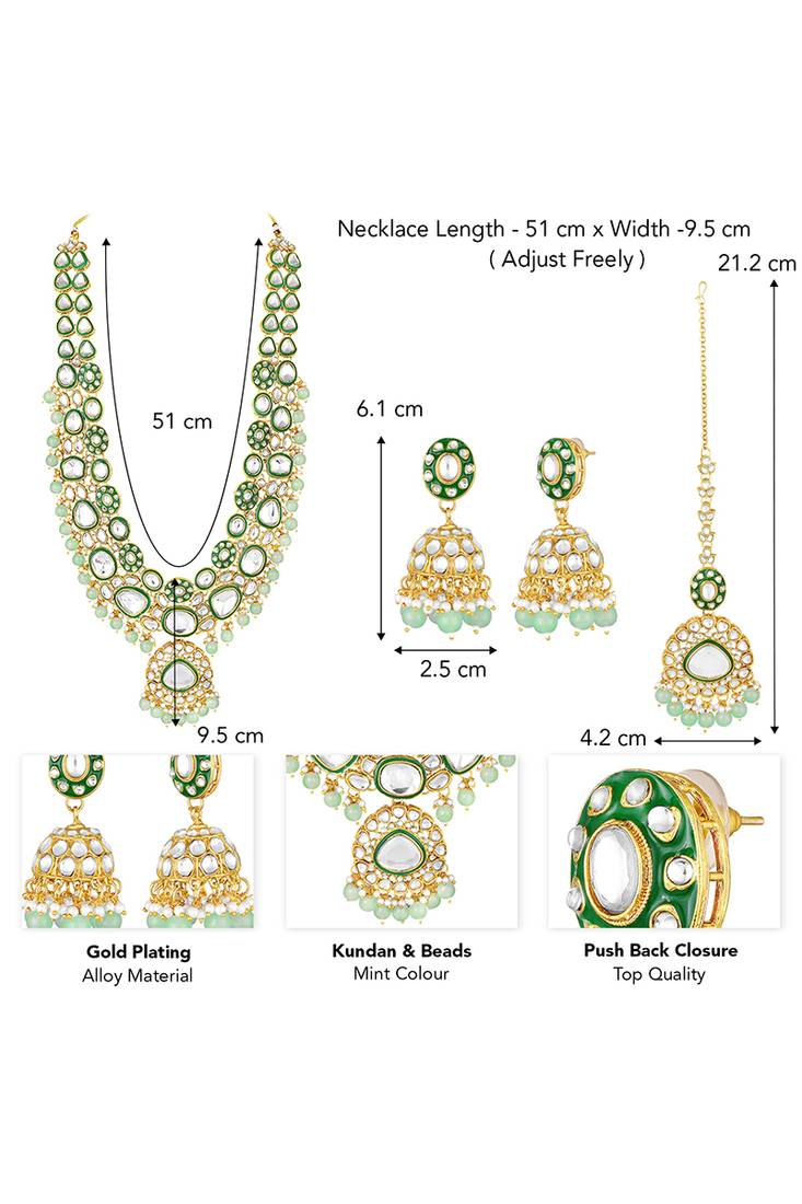 Gold plated mint kundan & beads studded necklace earrings maangtikka set ethnic jewellery for women & girls