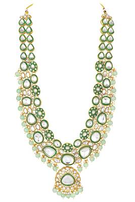 Gold plated mint kundan & beads studded necklace earrings maangtikka set ethnic jewellery for women & girls 4