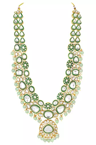 Gold plated mint kundan & beads studded necklace earrings maangtikka set ethnic jewellery for women & girls