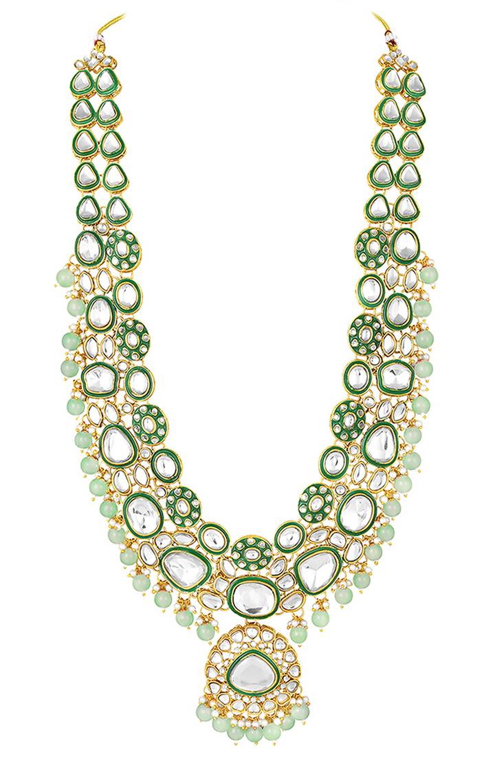 Gold plated mint kundan & beads studded necklace earrings maangtikka set ethnic jewellery for women & girls