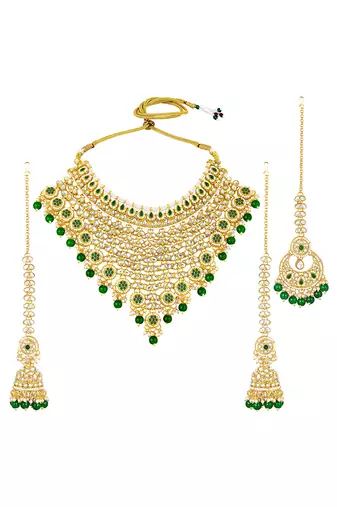 Gold plated green kundan & beads studded necklace earrings & maangtikka set ethnic jewellery for women & girls