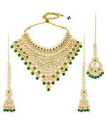 Gold plated green kundan & beads studded necklace earrings & maangtikka set ethnic jewellery for women & girls