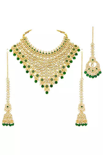Gold plated green kundan & beads studded necklace earrings & maangtikka set ethnic jewellery for women & girls