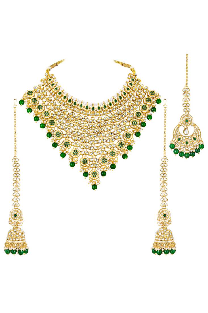Gold plated green kundan & beads studded necklace earrings & maangtikka set ethnic jewellery for women & girls