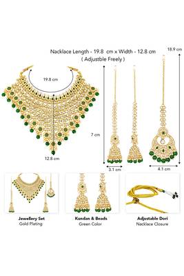Gold plated green kundan & beads studded necklace earrings & maangtikka set ethnic jewellery for women & girls 3