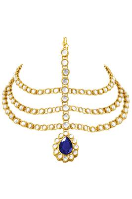 Gold plated 3 layer traditional blue crystal white kundan studded matha patti maang tikka ethnic jewellery for women 1