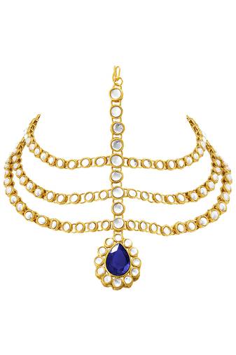 Gold plated 3 layer traditional blue crystal white kundan studded matha patti maang tikka ethnic jewellery for women