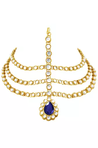Gold plated 3 layer traditional blue crystal white kundan studded matha patti maang tikka ethnic jewellery for women