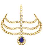 Gold plated 3 layer traditional blue crystal white kundan studded matha patti maang tikka ethnic jewellery for women