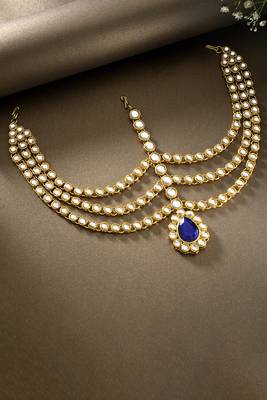Gold plated 3 layer traditional blue crystal white kundan studded matha patti maang tikka ethnic jewellery for women 2