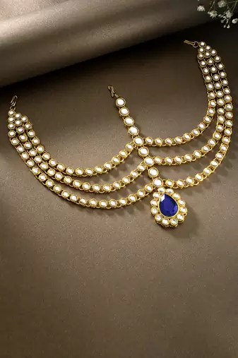 Gold plated 3 layer traditional blue crystal white kundan studded matha patti maang tikka ethnic jewellery for women