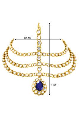 Gold plated 3 layer traditional blue crystal white kundan studded matha patti maang tikka ethnic jewellery for women 4