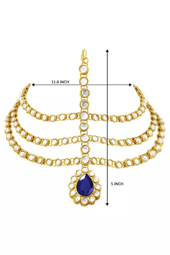 Gold plated 3 layer traditional blue crystal white kundan studded matha patti maang tikka ethnic jewellery for women