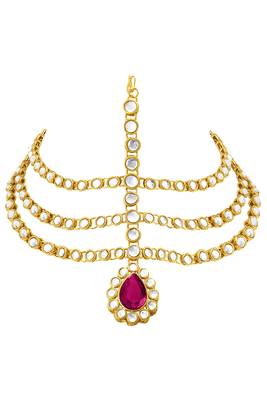 Gold plated 3 layer traditional rani pink crystal white kundan matha patti maang tikka ethnic jewellery for women 1