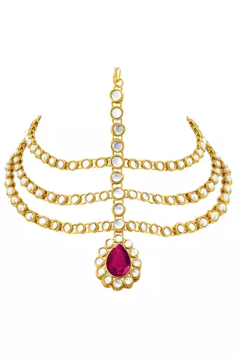 Gold plated 3 layer traditional rani pink crystal white kundan matha patti maang tikka ethnic jewellery for women