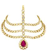 Gold plated 3 layer traditional rani pink crystal white kundan matha patti maang tikka ethnic jewellery for women