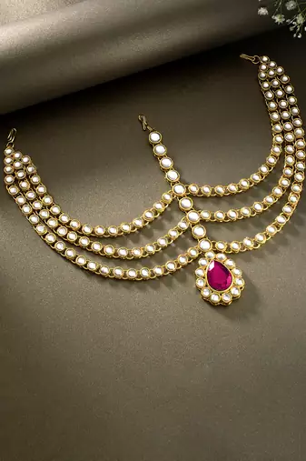 Gold plated 3 layer traditional rani pink crystal white kundan matha patti maang tikka ethnic jewellery for women