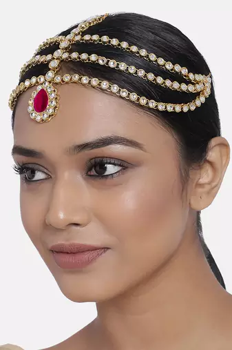 Gold plated 3 layer traditional rani pink crystal white kundan matha patti maang tikka ethnic jewellery for women