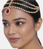 Gold plated 3 layer traditional rani pink crystal white kundan matha patti maang tikka ethnic jewellery for women