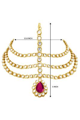 Gold plated 3 layer traditional rani pink crystal white kundan matha patti maang tikka ethnic jewellery for women 4