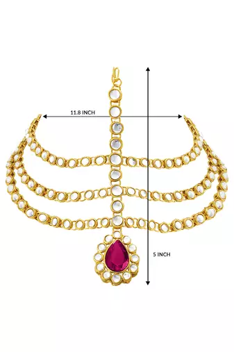 Gold plated 3 layer traditional rani pink crystal white kundan matha patti maang tikka ethnic jewellery for women