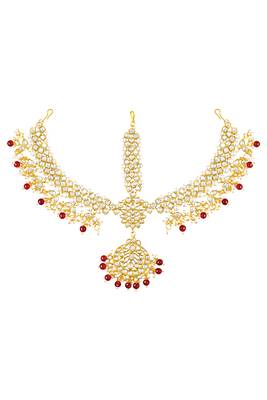 Gold plated kundan & beads studded maangtikka maathapatti ethnic jewellery for women 1