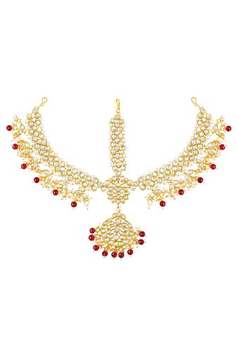 Gold plated kundan & beads studded maangtikka maathapatti ethnic jewellery for women
