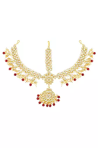 Gold plated kundan & beads studded maangtikka maathapatti ethnic jewellery for women