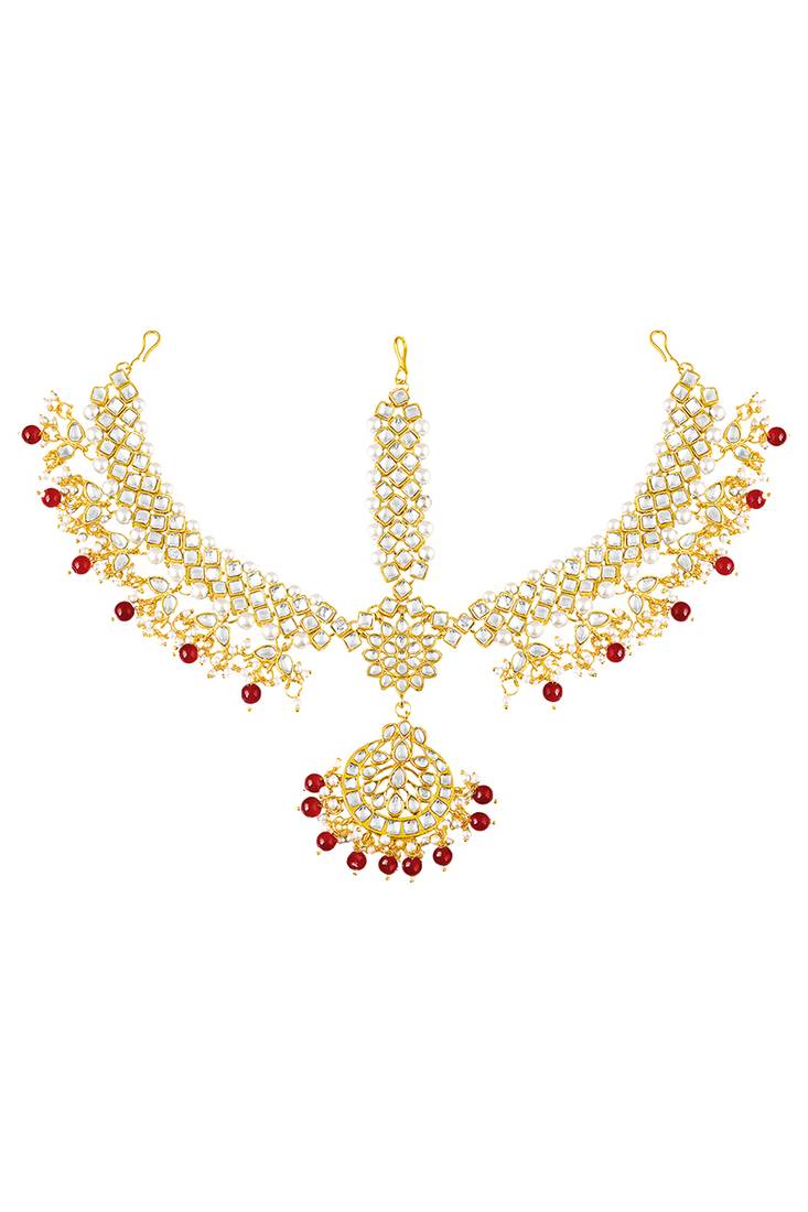 Gold plated kundan & beads studded maangtikka maathapatti ethnic jewellery for women